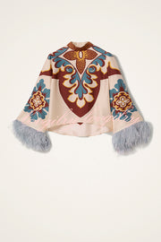 Bohemian Dreams Unique Print High Neck Feather Trim Bell Sleeve Top