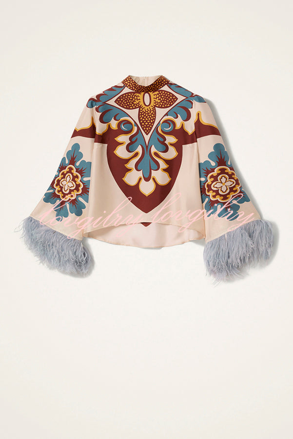 Bohemian Dreams Unique Print High Neck Feather Trim Bell Sleeve Top