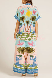 Summer Vacation Print Short Sleeve Shirt and Elastic Waist Pocket Pants Set