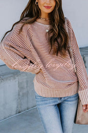 Knitted Striped Round Neck Dolman Sleeve Casual Loose Sweater