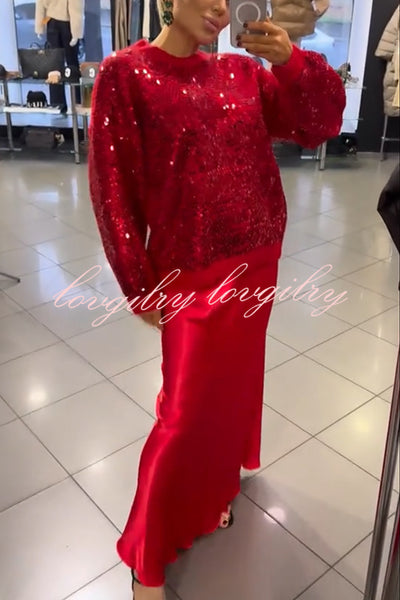 Celebration Day Sequin Patchwork Loose Sweatshirt and Satin Elastic Waist Maxi Skirt Set