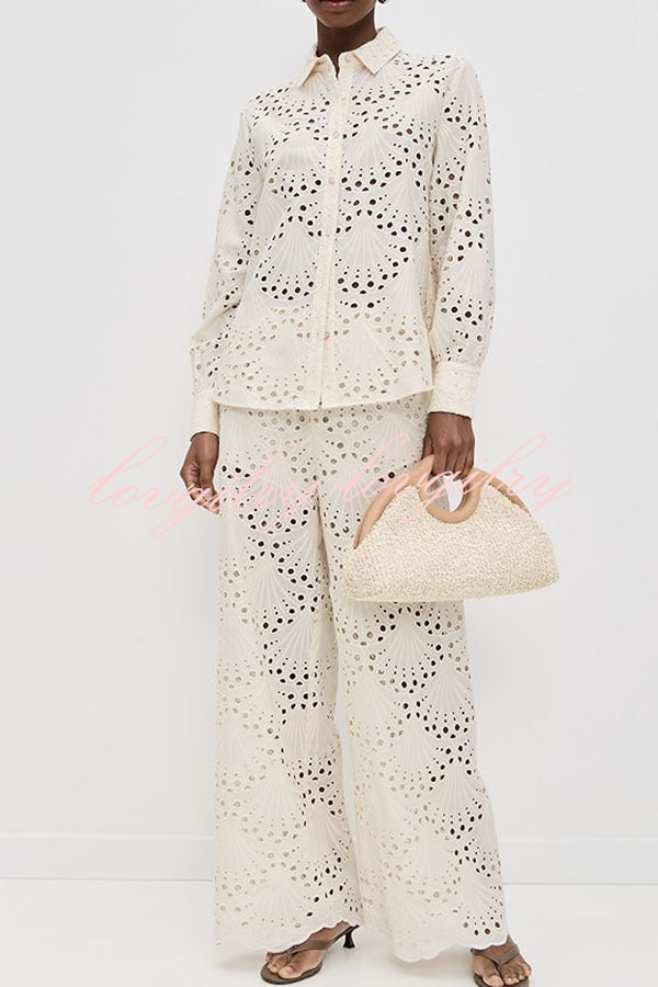 Lillah Embroidered Lace Shell Pattern Long Sleeve Loose Blouse