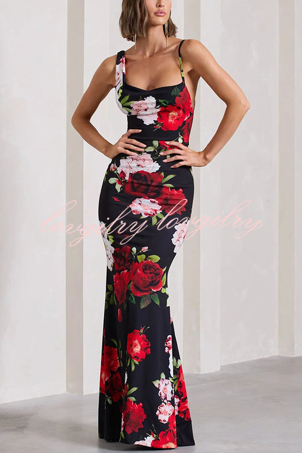 Keep Blooming Floral Print Asymmetric Cowl Neckline Stretch Maxi Dress