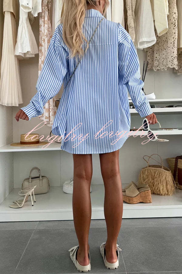 Zoie Striped Stretch Bandeau + Elastic Waist Pocket Shorts + Oversized Blouse 3 Pieces Set