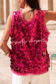 Fashionable Sequined Round Neck Sleeveless Loose Vest