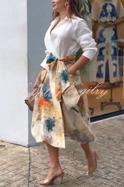 Jiles Linen Blend Unique Contrast Print Long Sleeve Tie-up Pocket Shirt Midi Dress