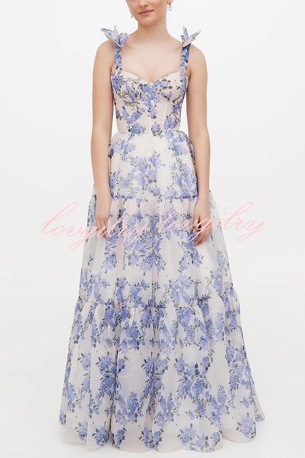 Fairytale Itself Organza Floral Print Tie Strap Maxi Dress