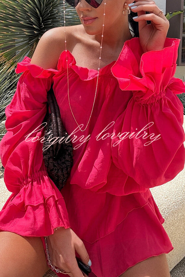 Arnell Linen Blend Off Shoulder Balloon Sleeve Shirt and Elastic Waist Layered Shorts Set