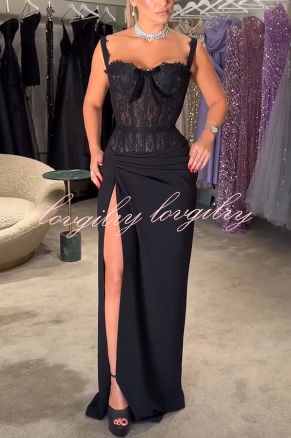Sexy Grace Magic Lace Corset Bow Design Ruched Hip Slit Maxi Dress