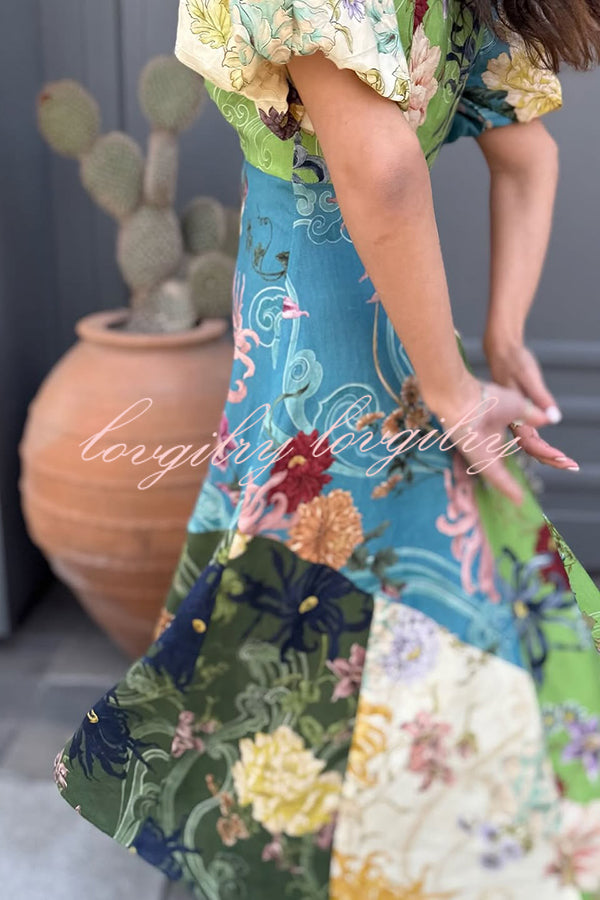 Floral Print Round Neck Puff Sleeve Casual Midi Dress