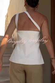 Full of Design Solid Color One Shoulder Asymmetric Slit Button Casual Vest