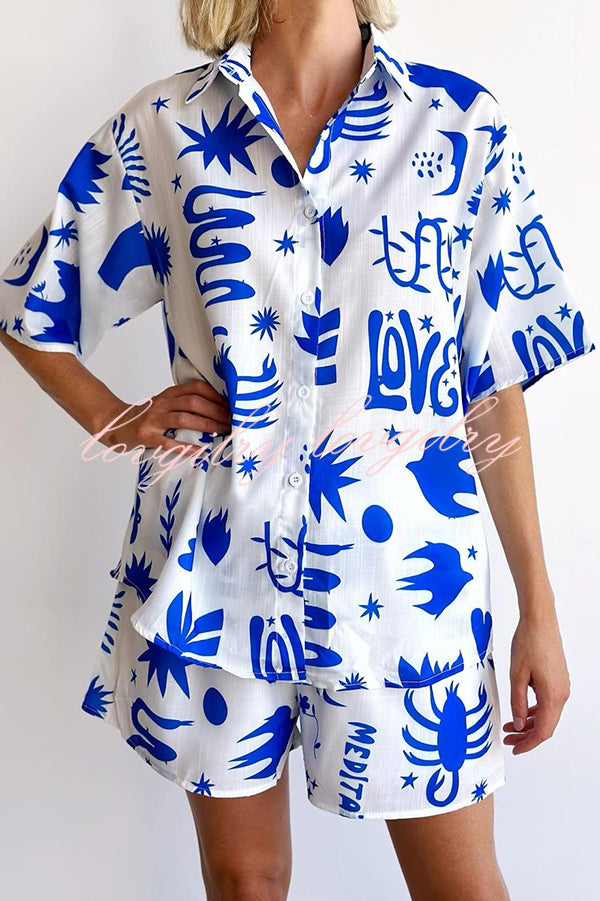 Sunday Mornings Unique Print Short Sleeve Top and Elastic Waist Loose Shorts Set