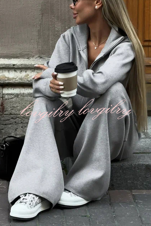 Effortlessly Stylish Ribbed Zipper High Neck Sweatshirt and Elastic Waist Pocketed Loose Pants Set