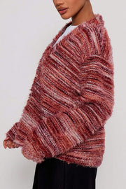 Fashionable Mixed Color Loose V-neck Casual Knit Cardigan