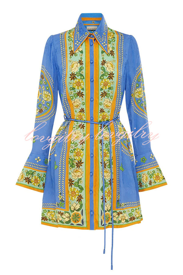 Katia Satin Unique Print Shaped Collar Tie-up Waist Shirt Mini Dress