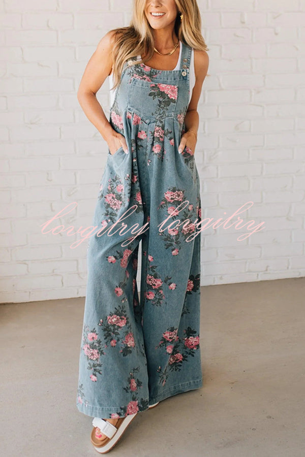 Fashion Floral Print Casual Button Pocket Loose Denim Overalls