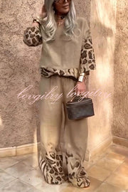 Leopard Print Crew Neck Loose Top and Elastic Waist Casual Wide-leg Pants Set