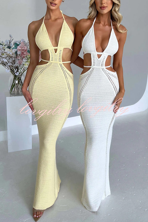 Effortlessly Cool and Sexy Knit Crochet Cutout Halter Tie-up Stretch Maxi Dress