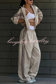 Fashionable Contrasting Long-sleeved Loose Coat and Elastic Waist Wide-leg Pants Set
