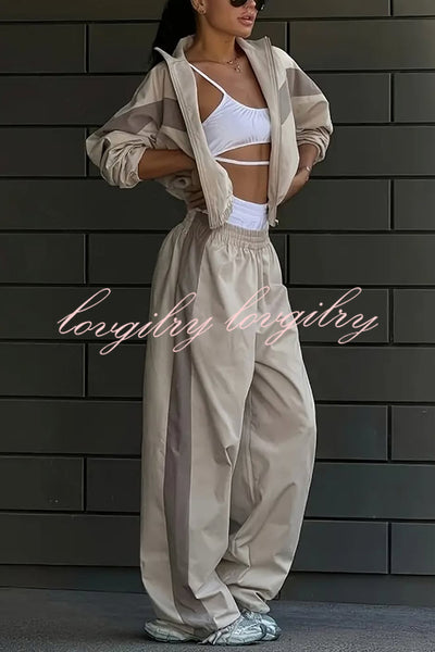 Fashionable Contrasting Long-sleeved Loose Coat and Elastic Waist Wide-leg Pants Set