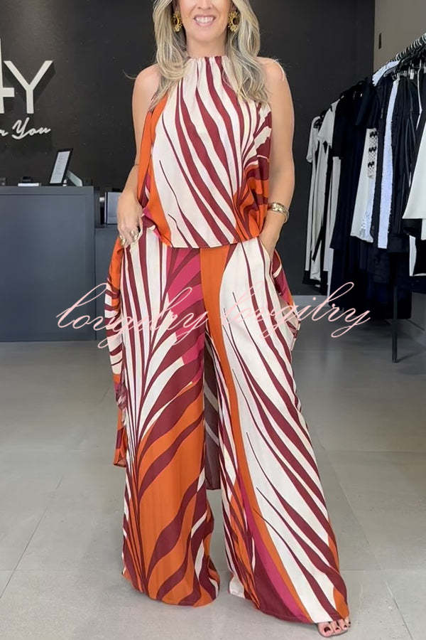 Edina Unique Print High Low Halter Loose Top and Elastic Waist Pocketed Wide Leg Pants Set