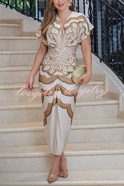 Feona Satin Unique Print V-neck Wide Sleeve Ruched Waist Slit Midi Dress