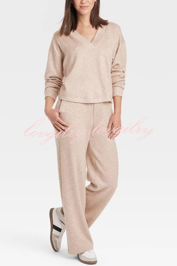 Oatmeal Morning Solid Color V-neck Sweatshirt and Elastic Waist Pocketed Lounge Pants Set