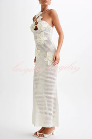 Call It Chic Knit Floral Crochet Halter Fishtail Hem Maxi Dress