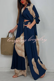 Unique Printed Casual Loose Long Shirt and Elastic Waist Pocket Wide Leg Pants Set