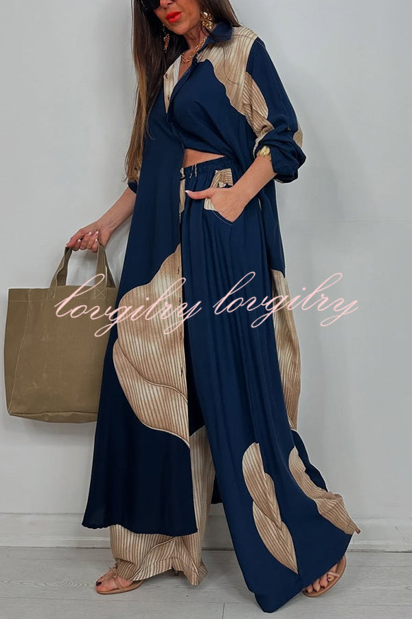 Unique Printed Casual Loose Long Shirt and Elastic Waist Pocket Wide Leg Pants Set