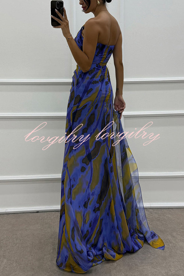 Amazing Views Watercolor Print Feather Rose Detail Off Shoulder Pleated Slit Maxi Dress