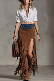 Fashionable Denim Suede Patchwork Spliced slit Fringed Hem Extra-long Midi Skirt