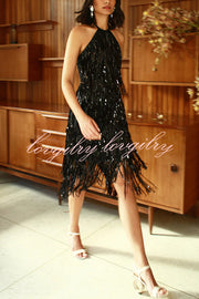 Sexy Sleeveless Halter Neck Tassel Sequin Mini Dress