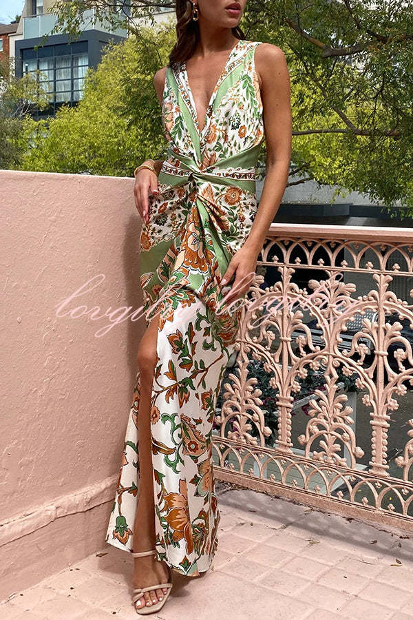 Gaia Satin Unique Paisley Print Central Twist Knot Detail Slit Maxi Dress