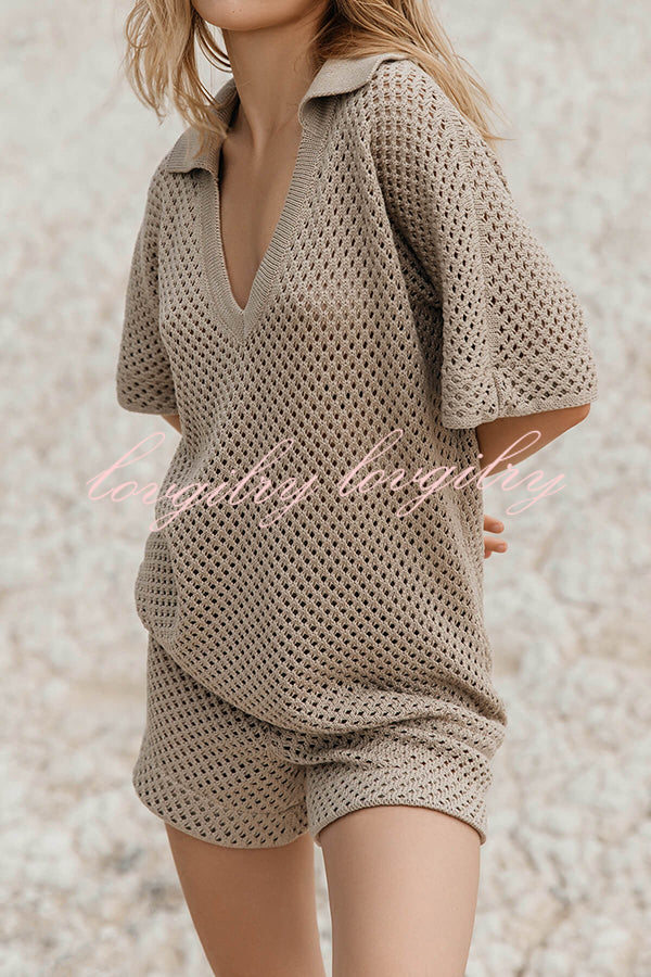 Fashion Hollow V-neck Short-sleeved Top and Elastic Waist Casual Shorts Set