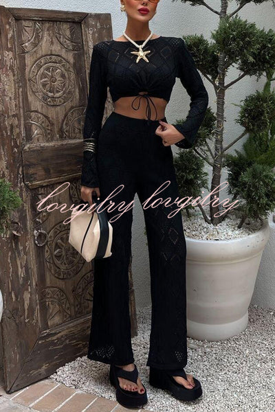 Solid Color Hollow Short Long-sleeved Top and Casual Stretch Wide-leg Pants Knitted Set