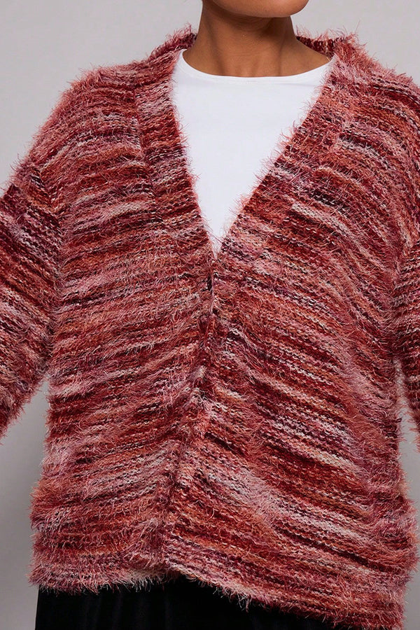 Fashionable Mixed Color Loose V-neck Casual Knit Cardigan