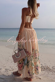 Cabo Sunsets Floral Print Petal Trim Back Lace-up Midi Dress