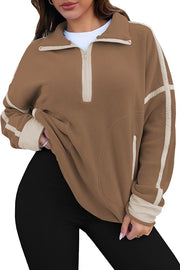 Stylish Color-blocked Trim Loose Casual Pocket Sweatshirt