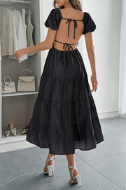 Solid Color V-neck Puff Sleeve Casual Holiday Style Midi Dress