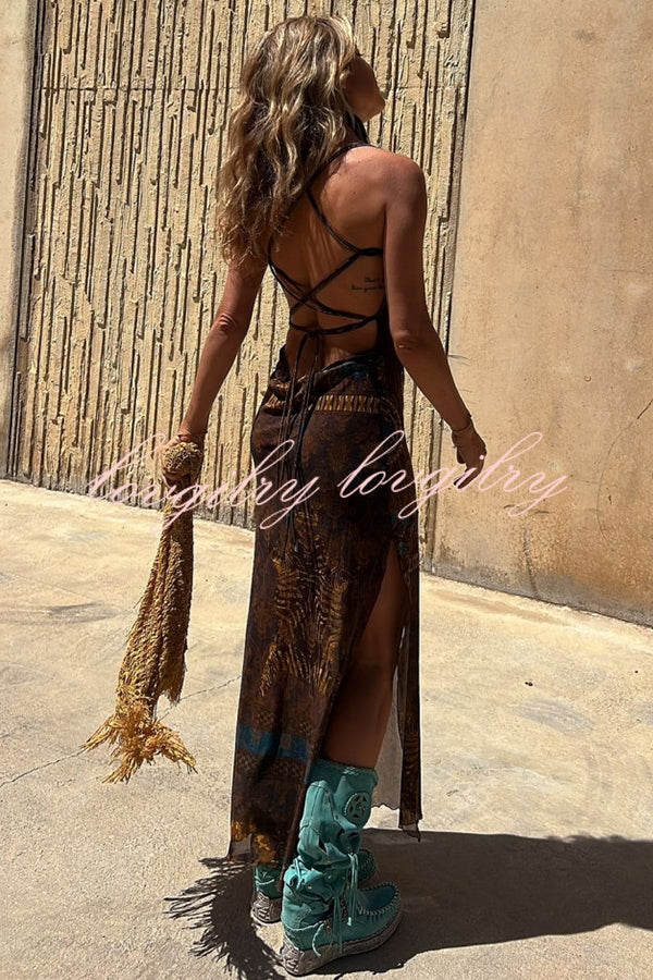 Gypsy Style Unique Print Cowl Neck Back Lace-up Slit Midi Dress