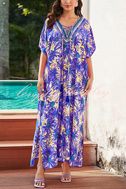 Floral Print V-Neck Lace-Up Loose Holiday Cover-Up Maxi Dress