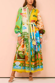 A World of Colour Unique Print Balloon Sleeve Belt Shirt Midi Dress