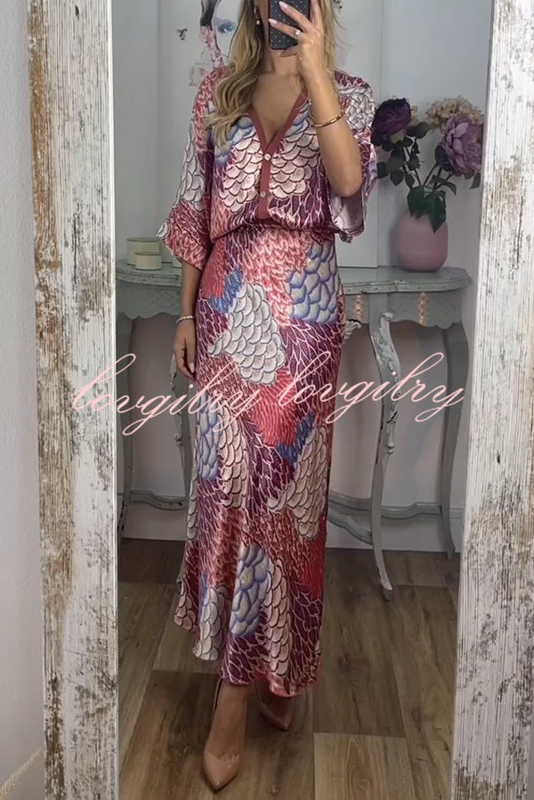 Satin Floral Print V-neck Half-sleeve Loose Top and Elegant Maxi Skirt Set