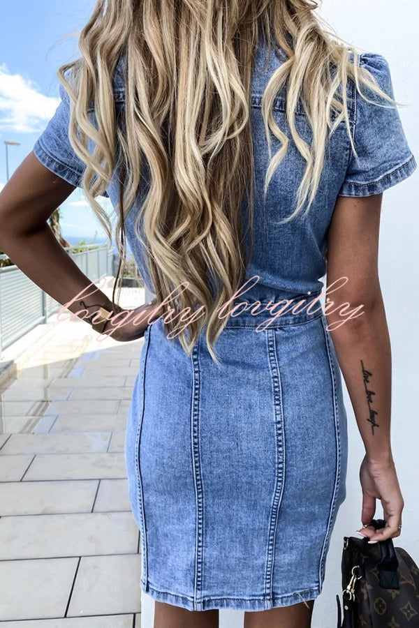 High Waist Single Breasted Denim Mini Dress