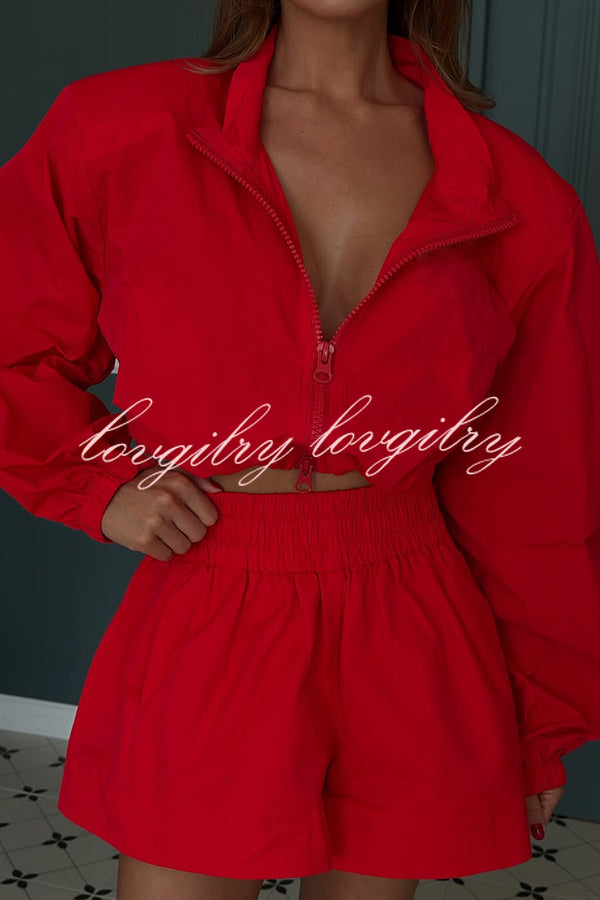 Solid Color Lapel Long-sleeved Loose Zipper Jacket and Elastic Waist Casual Shorts Set