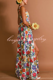 Garden Wedding Floral Print Back Tie-up Pocketed Slit Maxi Dress