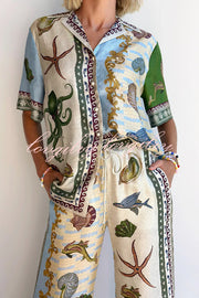 Deep Sea Dreaming Satin Unique Print Short Sleeve Shirt and Elastic Waist Pocketed Pants Set