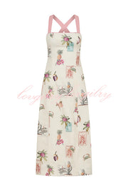 Plant Print Sleeveless Square Neck Open Back Tie Casual Midi Dress
