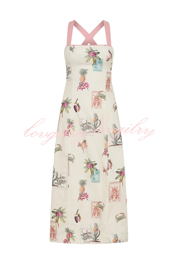 Plant Print Sleeveless Square Neck Open Back Tie Casual Midi Dress